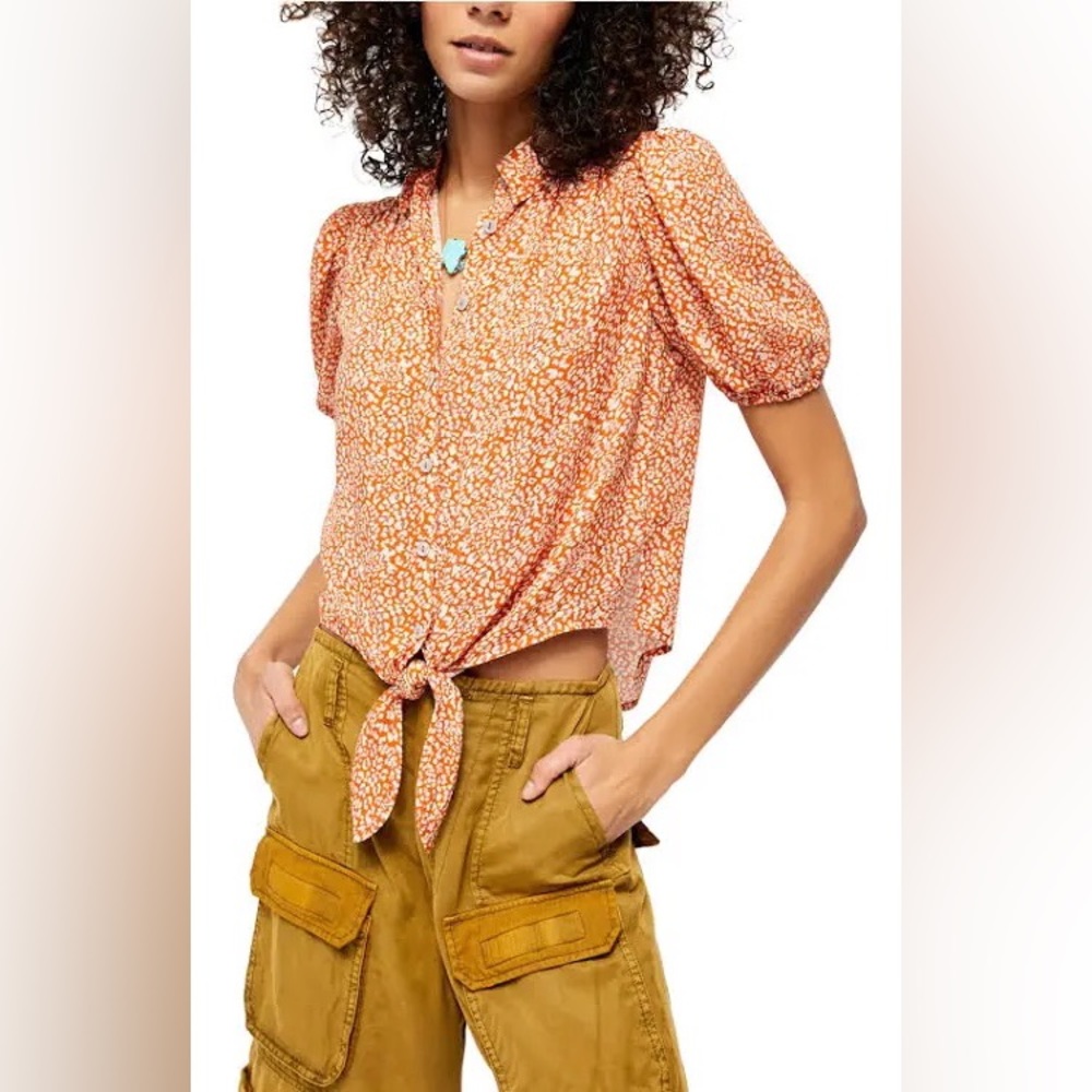 Free People Celia Floral Printed Front Tie Blouse in Rust size Extra Small